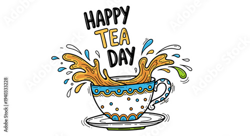 Vibrant Tea Day Celebration with Splashing Tea Cup.