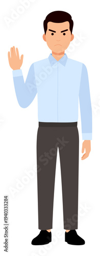 Angry man showing stop hand gesture
