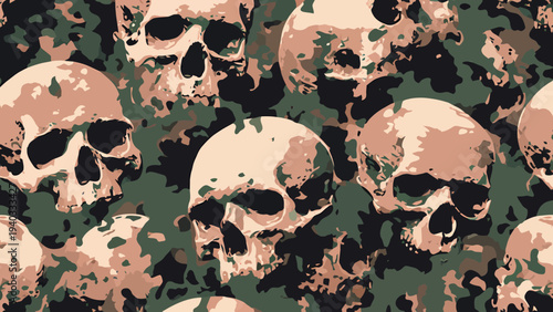 A seamless digital camouflage pattern featuring a repeating motif of human skulls against a dark, earthy background, evoking a military aesthetic