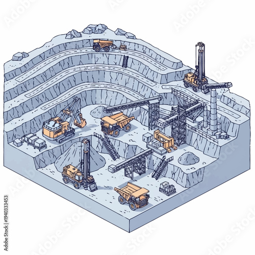 Isometric illustration of an open-pit mine with heavy machinery.