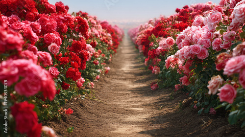 A vibrant rose garden with red and pink blooms lining a pathway