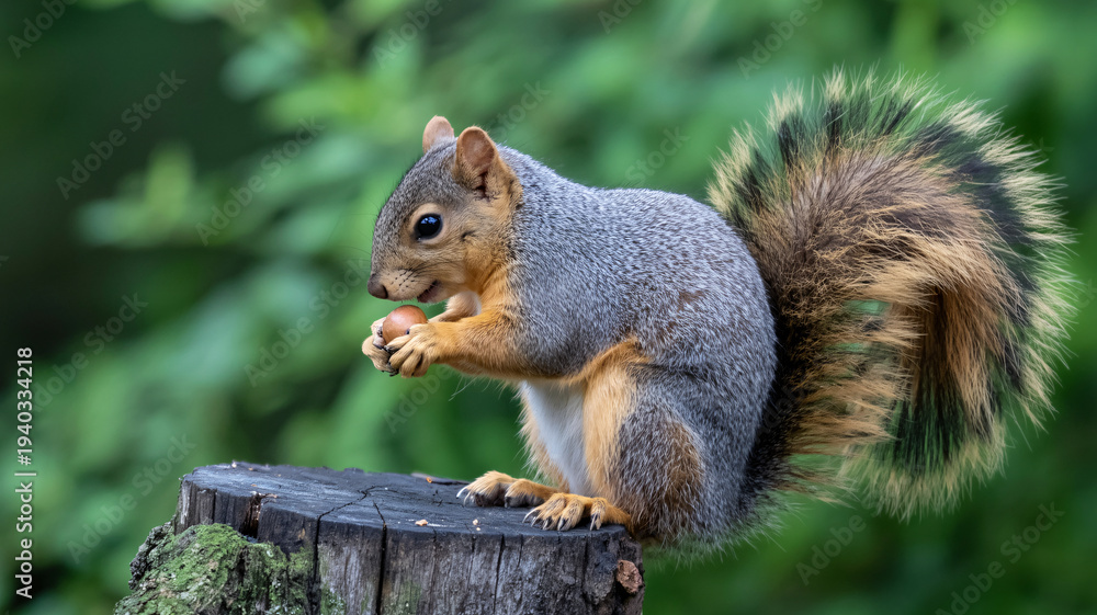 Fototapeta premium Cute squirrel holding acorn on tree stump in forest