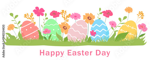 Happy Easter! Easter eggs lie on green grass among flowers. Easter background for holiday design. Vector illustration.