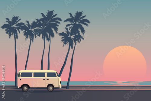 Beach car trip. A car drives against a backdrop of a paradise beach, palm trees, and sunset. Beach sunset landscape. Vector illustration.