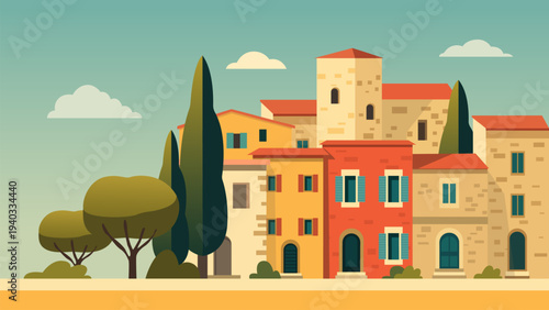 Beautiful French town with old houses and thuya trees. Landscape of an old French provincial town. Vector illustration of a provincial town.