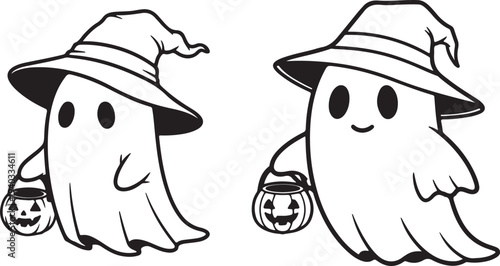 A funny black and white cartoon illustration featuring a happy boy, a dog, and a cow wearing Santa hats and scarves while building a snowman for Christmas holiday fun