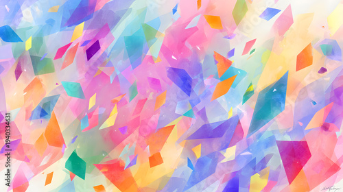 Vibrant abstract composition of scattered translucent colorful geometric shapes 1