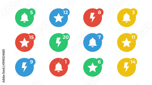 Colorful notification icons set with various symbols and numbers