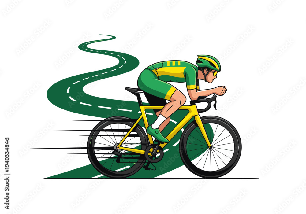 Fototapeta premium Energetic male cyclist speeding on a yellow road bike along a winding green track