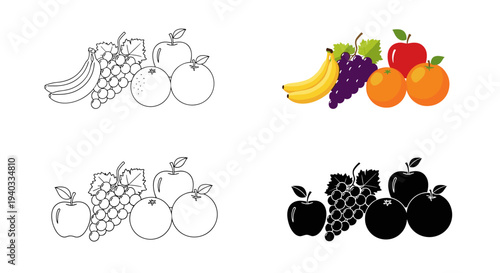Assortment of colorful fruits including bananas, grapes, apples, and oranges in various styles