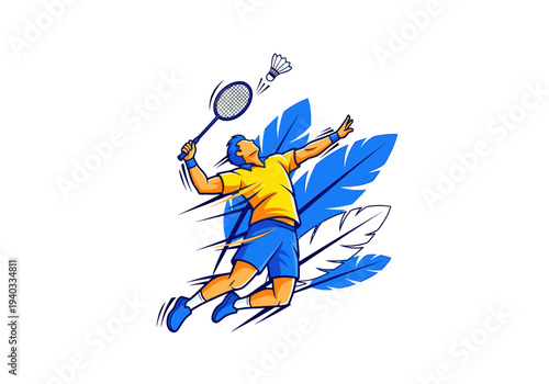 A male badminton player in mid-air jumping to hit a shuttlecock with a racket during a dynamic sports game