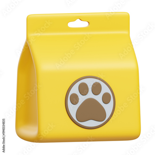 Pet Food Package: A brightly-colored package of pet food, featuring a prominent paw print design, symbolizing care for domestic companions.