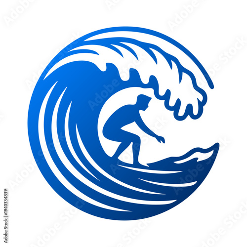 Vacaciones en la playa. Logo club de surf. Dibujo con líneas de un hombre en tabla de surf con olas de mar en círculo