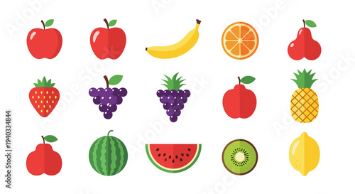 Collection of colorful flat design fruits including apples, bananas, oranges, and berries