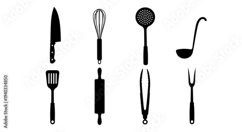 Collection of essential kitchen utensils in silhouette, perfect for cooking and baking