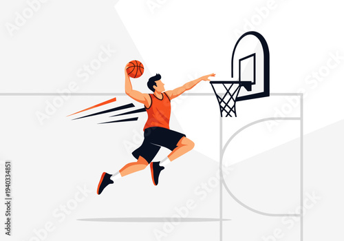 Male basketball player powerfully dunks the ball into the hoop on a court