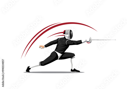 Fencer in black uniform lunging with a foil on a white background