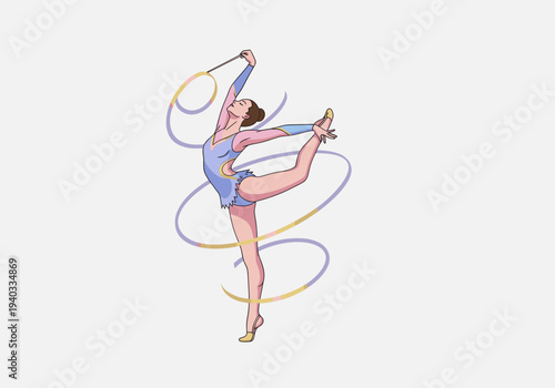 Female rhythmic gymnast performing a graceful routine with a flowing ribbon on a white background