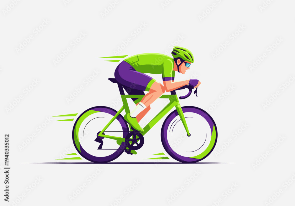 Fototapeta premium Dynamic illustration of a male cyclist riding a road bike fast in green and purple sportswear on a white background