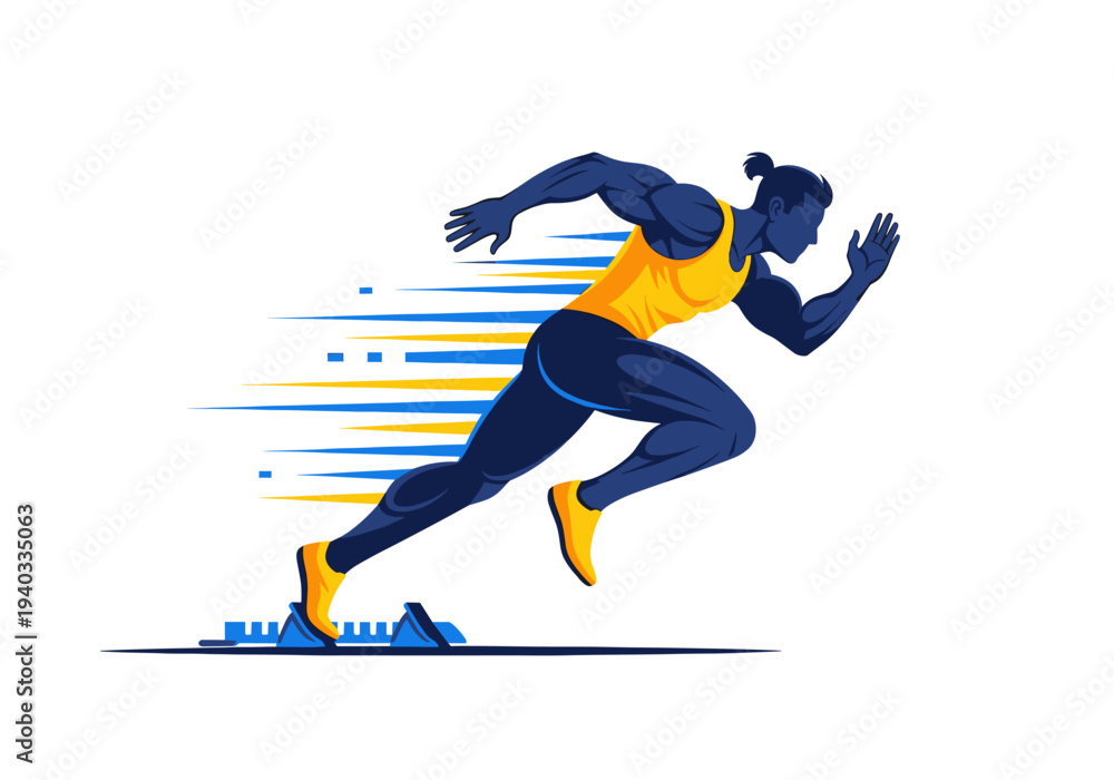 Obraz premium Dynamic illustration of a male sprinter launching from starting blocks