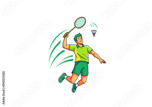 Energetic young man jumping in mid-air to hit a shuttlecock while playing badminton.