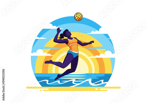 Female beach volleyball player jumping to hit a ball with a sunset ocean background