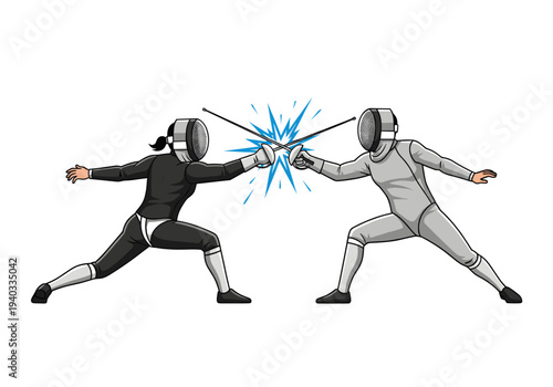 Two fencers in protective gear with foils clashing during a competitive bout