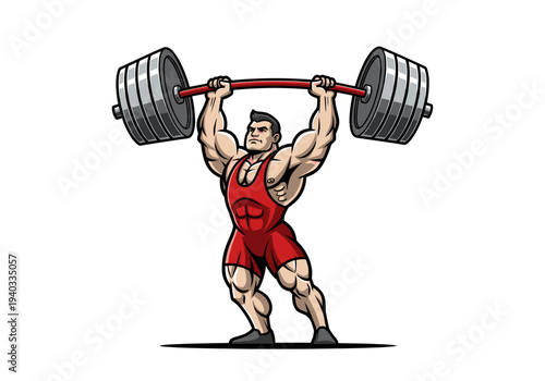 Muscular strongman in a red singlet lifting a heavy barbell overhead with intense focus