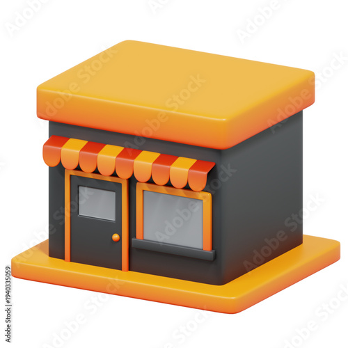 Isometric Shopfront: A stylized shopfront, rendered in a striking isometric perspective, boasts a modern design with vibrant orange accents, a charming striped awning, and inviting architecture.