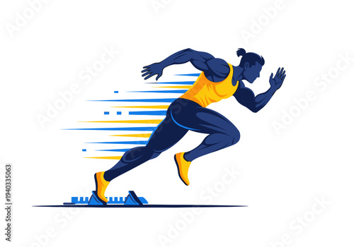 Dynamic illustration of a male sprinter launching from starting blocks