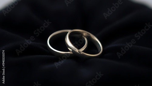 electroluminescence. Two silver wedding bands overlapping on dark velvet fabric. lifestyle magazines, social media lookbooks, designed for lifestyle magazines and social media content.