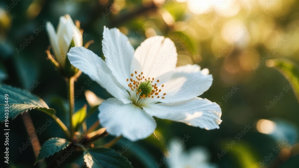 Obraz premium White wild flower catching golden sunlight in garden foliage.