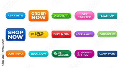 Collection of colorful call-to-action buttons for websites