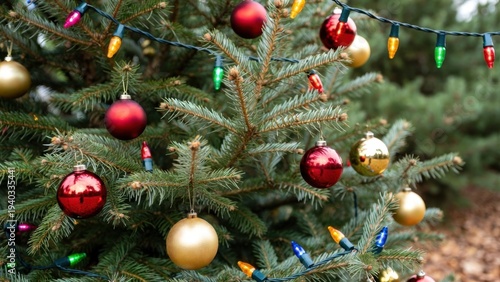 Christmas tree decorated with ornaments in outdoor yard.