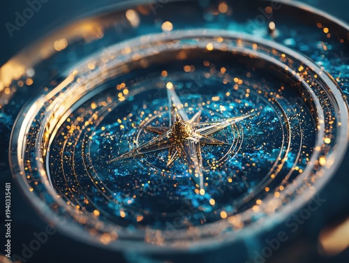 Close-up of a vintage compass with a starburst design, surrounded by golden bokeh lights