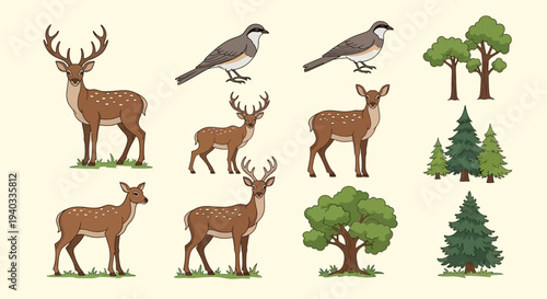 A collection of black deer silhouettes and antler icons featuring wild animals in a nature vector illustration