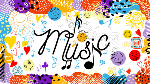 Horizontal cheerful decorative multicolored music background. Hand drawn. Not AI, vector illustration.