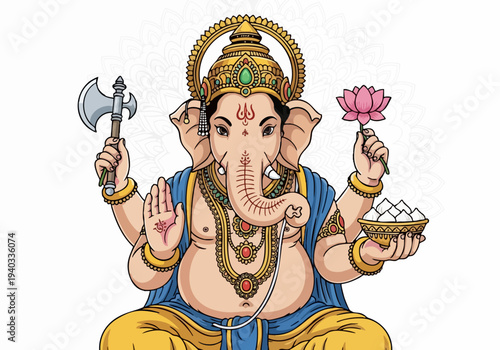 Ganesha Hindu God Holding Lotus and Axe – Traditional Vector Illustration