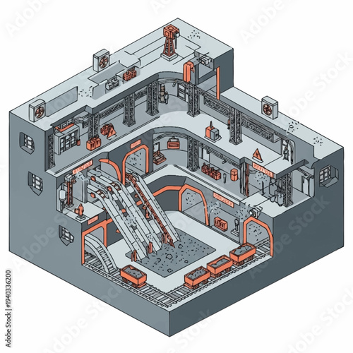 Isometric view of a futuristic underground station with escalators and trains.