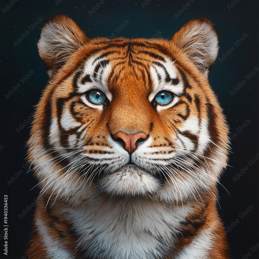 Fototapeta premium Majestic Tiger Portrait with Piercing Blue Eyes and Detailed Fur Texture