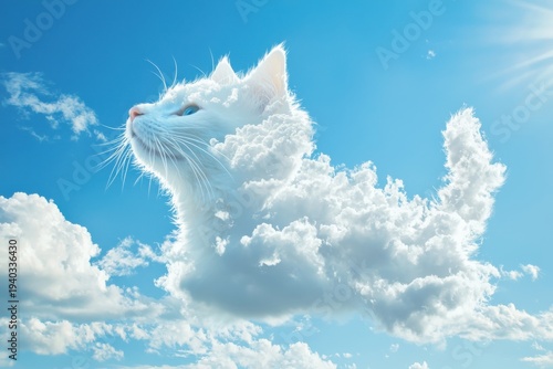 Whimsical white cat made of clouds floating in a bright blue sky