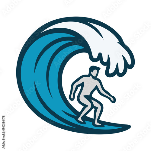 Vacaciones en la playa. Logo club de surf. Dibujo con líneas de un hombre en tabla de surf con olas de mar con forma de círculo