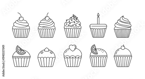 Collection of simple line art cupcakes with various toppings and decorations