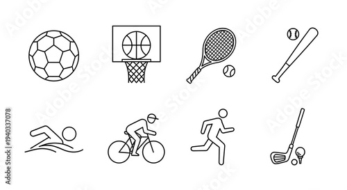 Collection of simple line art icons representing various popular sports and activities