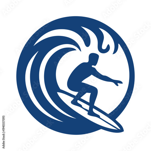 Vacaciones en la playa. Logo club de surf. Dibujo con líneas de un hombre en tabla de surf con olas de mar en círculo 
