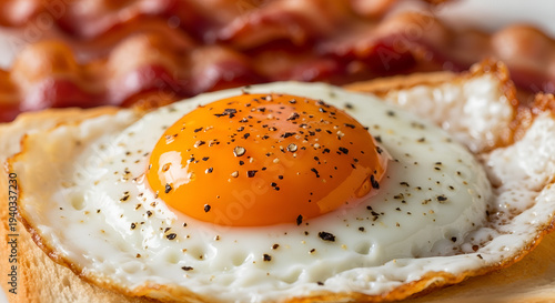 fried egg on a plate, Extreme close-up macro photo of a sunny side up fried egg on a slice of toasted white bread with crispy bacon in the background, bright orange egg yolk with cracked glossy surfac