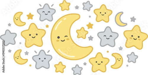 Web Cute Kawaii Moon and Stars Vector Set for Kids Nursery Decor and Ramadan Celebrations