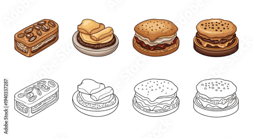 Collection of delicious cartoon desserts and pastries, including layered cakes and sweet treats