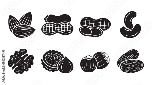 Assorted Nuts Collection in Hand-Drawn Style with Black and White Color Scheme on White Background for Culinary Illustration