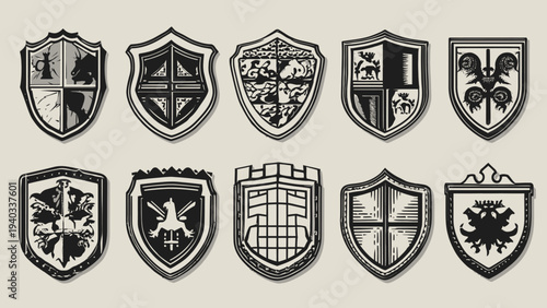 Vintage shield badge icon set in retro style, symbolizing protection and heritage in a classic black and white design.